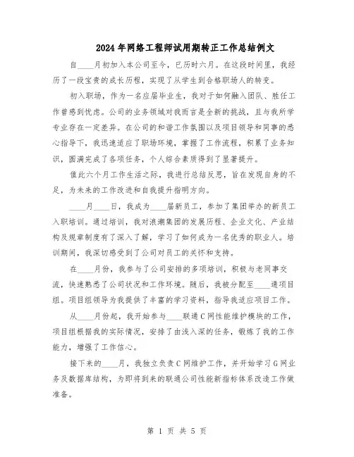 2024年网络工程师试用期转正工作总结例文（3篇）