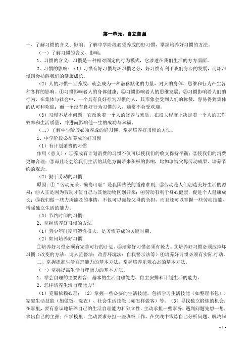 八年级思想品德上学期知识汇总 苏教版