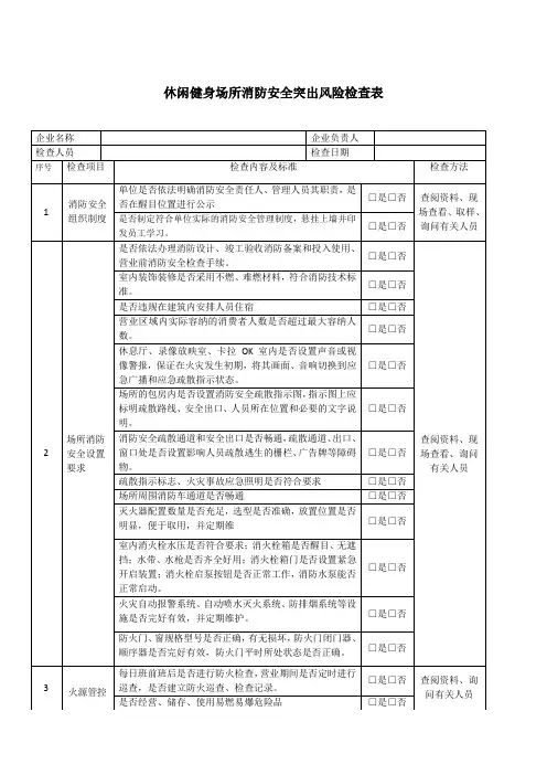 休闲健身场所消防安全突出风险检查表重点内容要点(2021年更新)