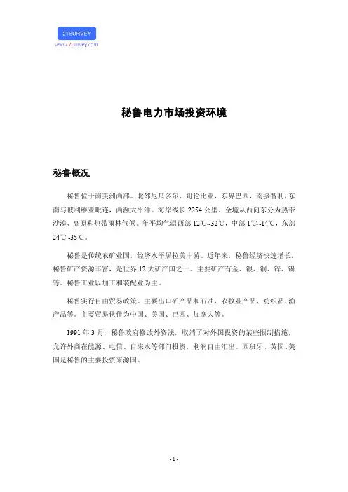 秘鲁电力市场投资环境