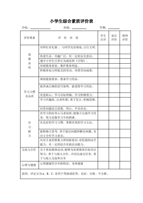 小学生综合素质评价表
