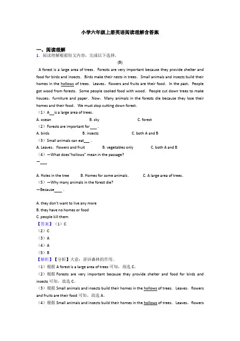 小学六年级上册英语阅读理解含答案