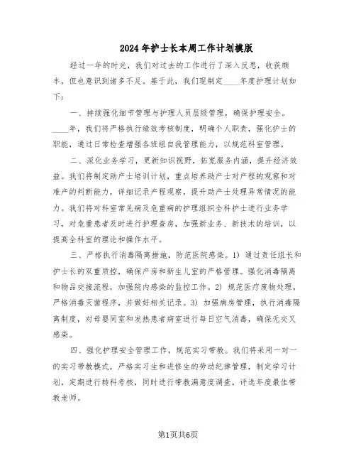 2024年护士长本周工作计划模版（三篇）
