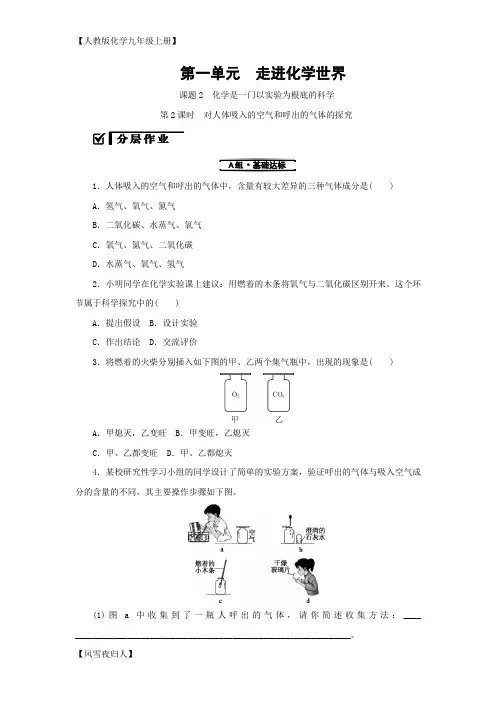 人教版化学九年级上册 1.2.2对人体吸入的空气和呼出的气体的探究分层作业