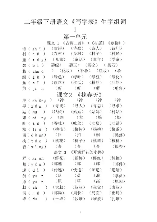 (完整版)部编版二年级下册语文《写字表》生字组词(拼音版)