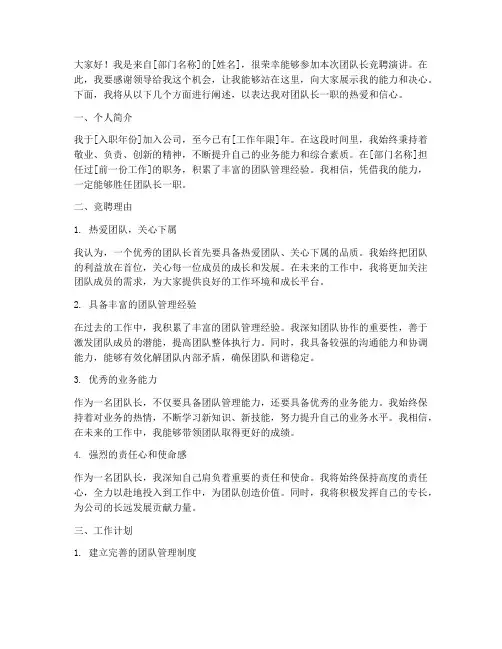 新人团队长竞聘演讲稿