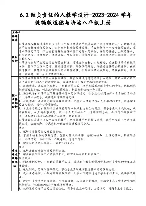 6.2做负责任的人教学设计-2023-2024学年统编版道德与法治八年级上册