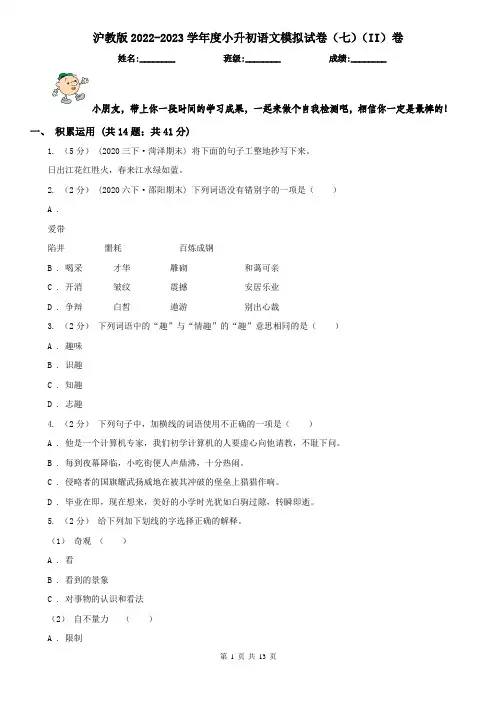 沪教版2022-2023学年度小升初语文模拟试卷（七）（II）卷