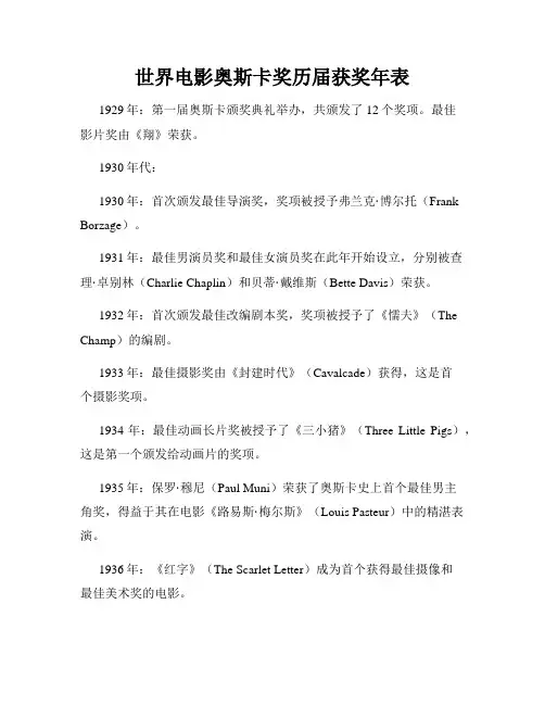 世界电影奥斯卡奖历届获奖年表