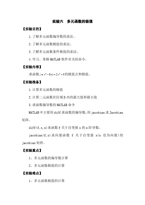 matlab实验六--多元函数的极值