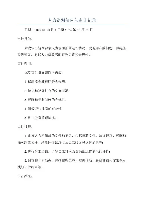 人力资源部内部审计记录