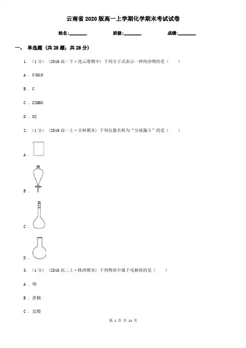 云南省2020版高一上学期化学期末考试试卷