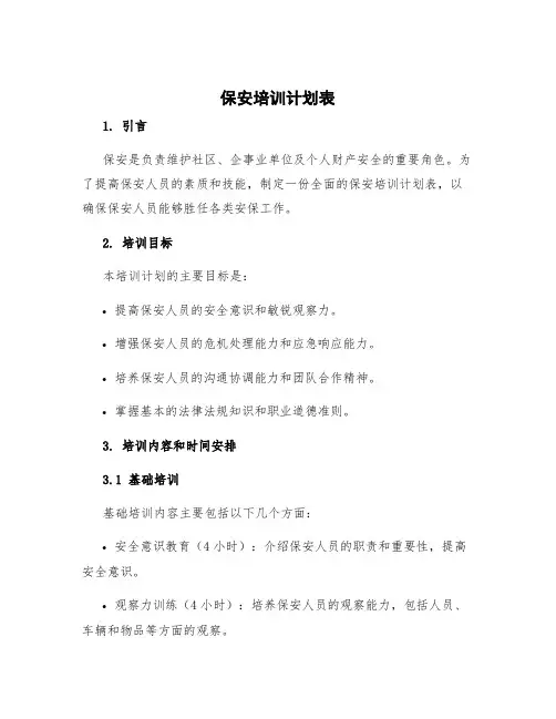 保安培训计划表内容
