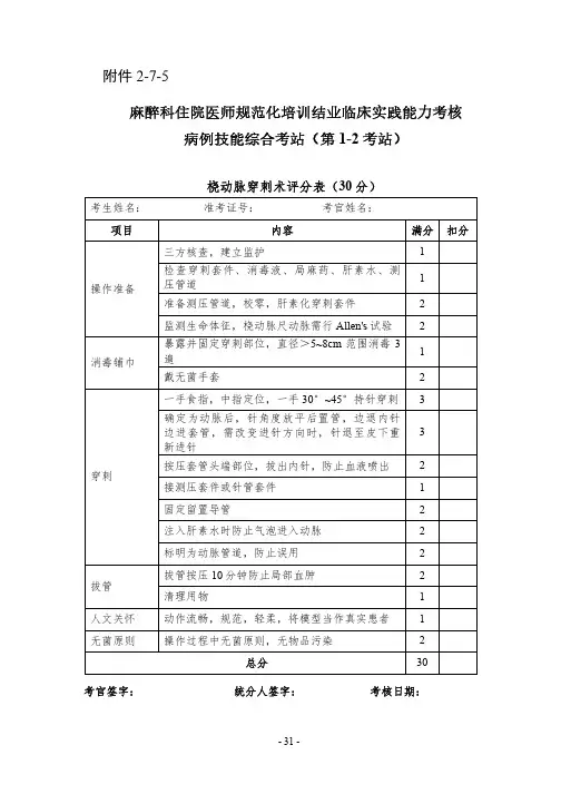 规培结业技能考试-动脉穿刺评分表