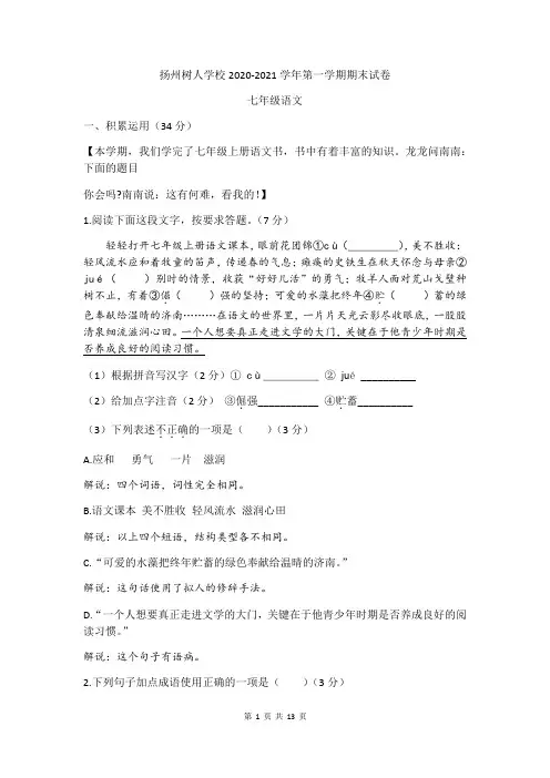 江苏省扬州市扬州树人中学2020—2021学年第一学期期末考试语文试卷(无答案)