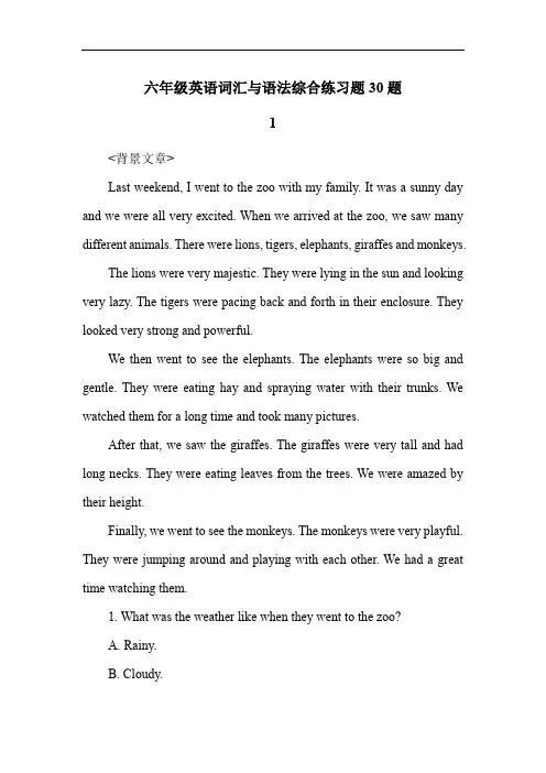 六年级英语词汇与语法综合练习题30题