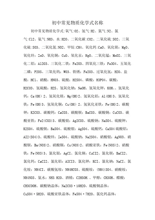 初中常见物质化学式名称