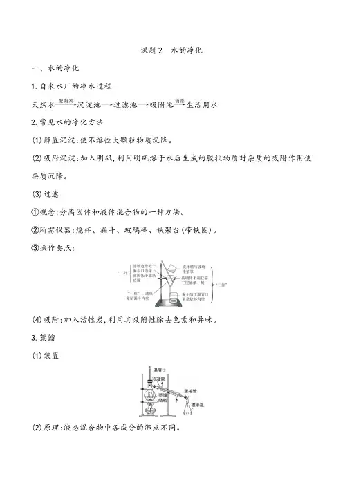 人教版化学九年级上册第四单元课题2《水的净化》知识点