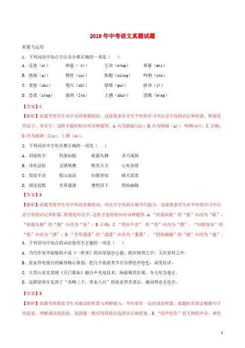 (暑期一日一练)2020年中考语文真题试题(含解析)