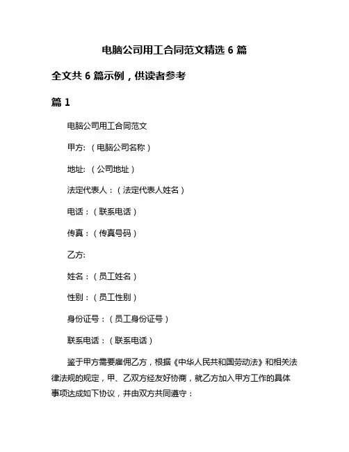 电脑公司用工合同范文精选6篇