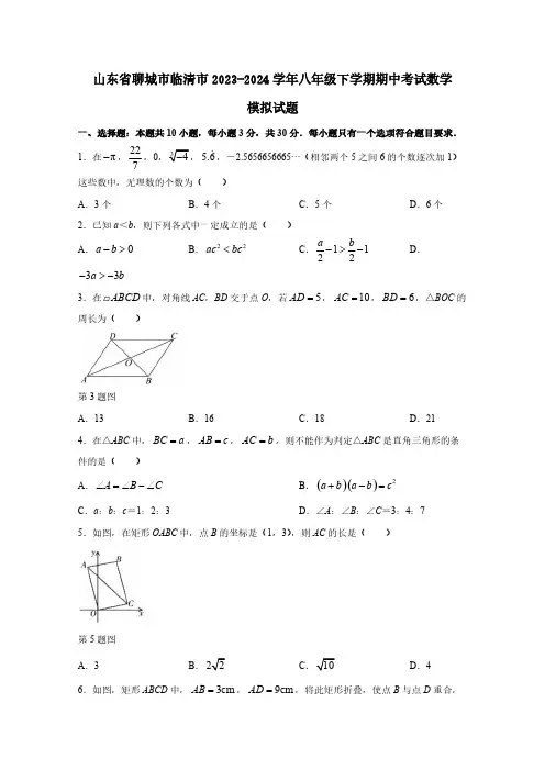 山东省聊城市临清市2023-2024学年八年级下册期中考试数学模拟试题(附答案)