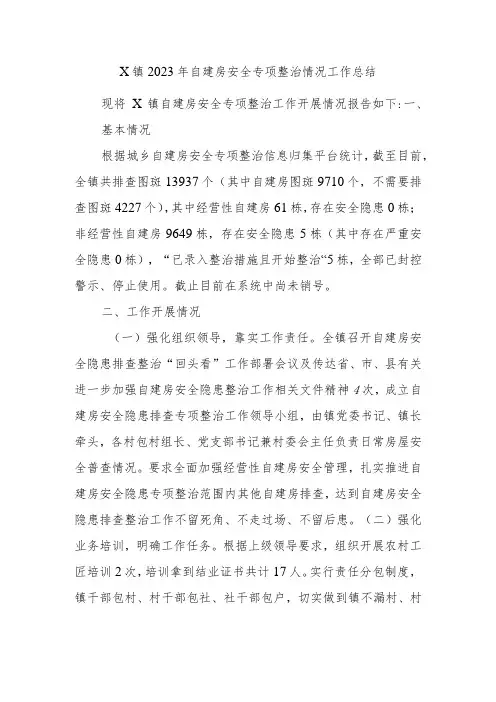 X镇2023年自建房安全专项整治情况工作总结