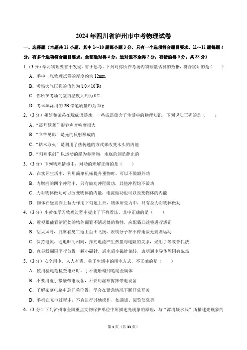 2024年四川省泸州市中考物理试卷(含答案解析)