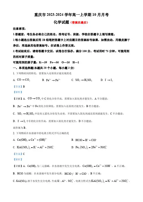 重庆市2023-2024学年高一上学期10月月考化学试题含解析