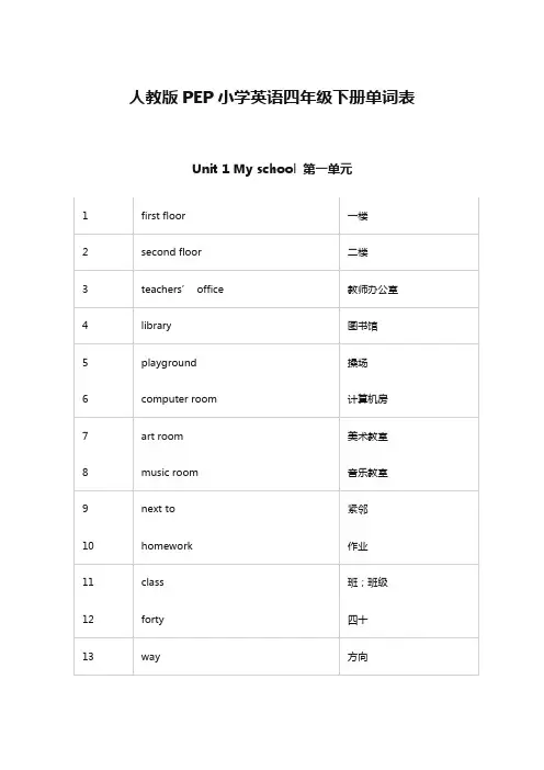 人教版PEP小学英语四年级下册单词表