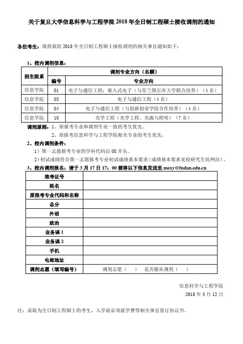 关于复旦大学信息科学与工程学院2018年全日制工程硕士接收
