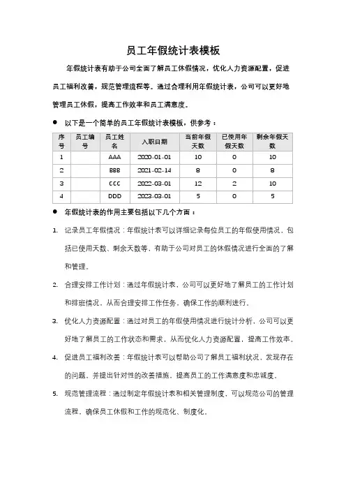 员工年假统计表模板