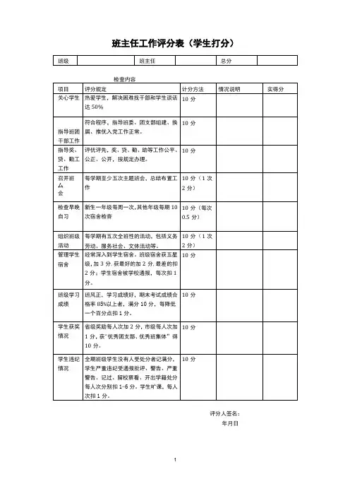 班主任工作评分表(学生打分)