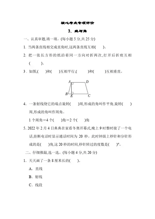 北师大版四年级数学上册第二单元核心考点专项评价 线与角(含答案)