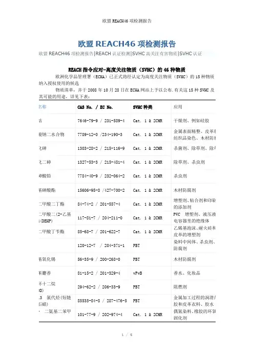 欧盟REACH46项检测报告参考模板