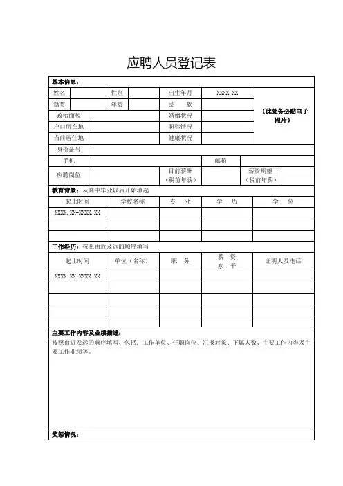 应聘人员登记表