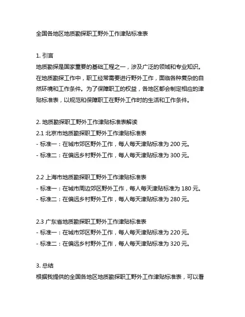 全国各地区地质勘探职工野外工作津贴标准表