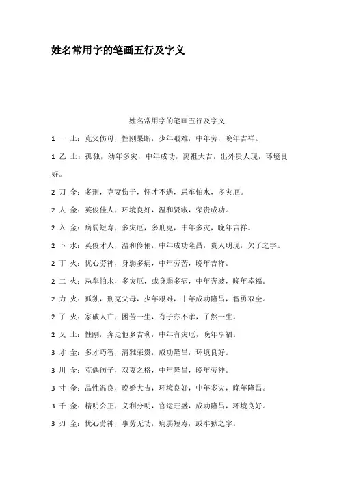 姓名常用字的笔画五行及字义