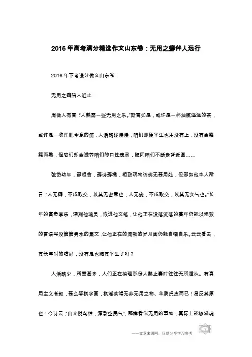 2016年高考满分精选作文山东卷：无用之癖伴人远行
