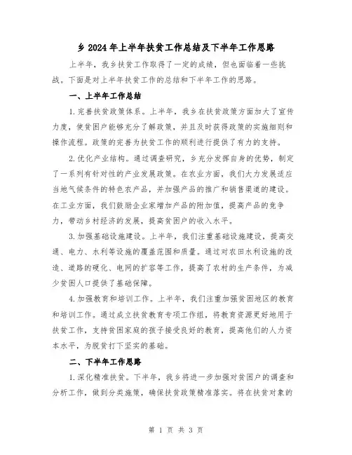 乡2024年上半年扶贫工作总结及下半年工作思路(2篇)
