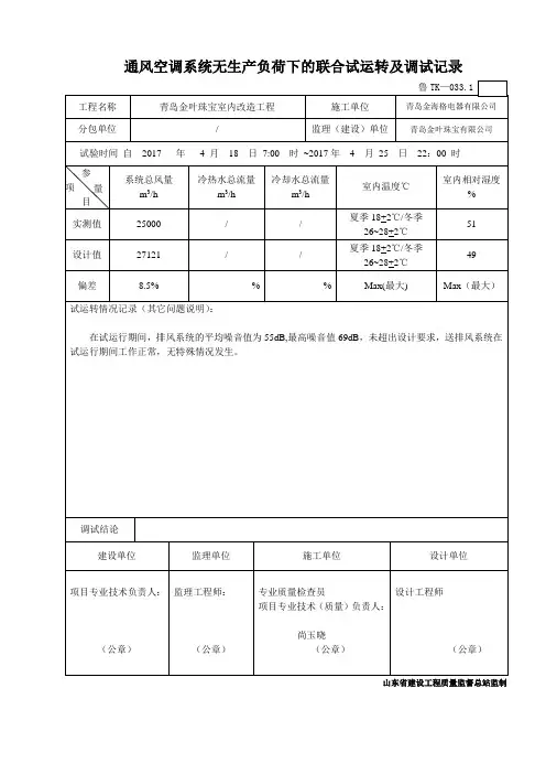 鲁TK-033.1通风空调系统无生产负荷下的联合试运转及调试记录