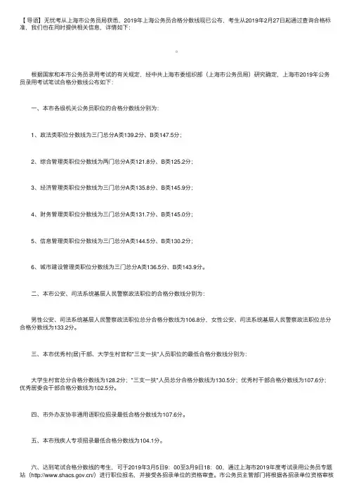 2019年上海公务员合格分数线查询【已公布】