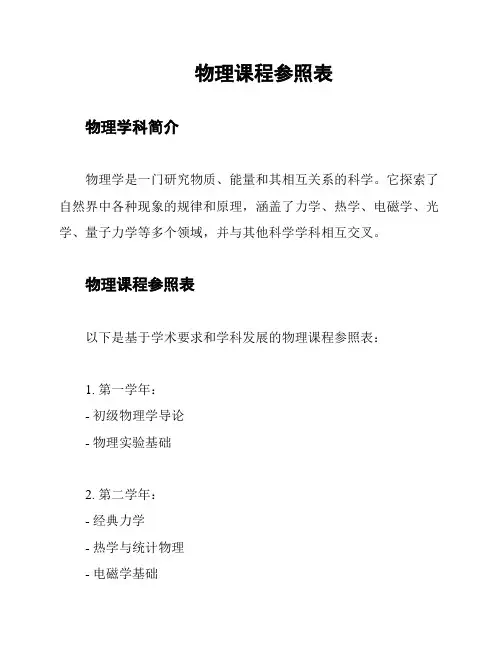 物理课程参照表