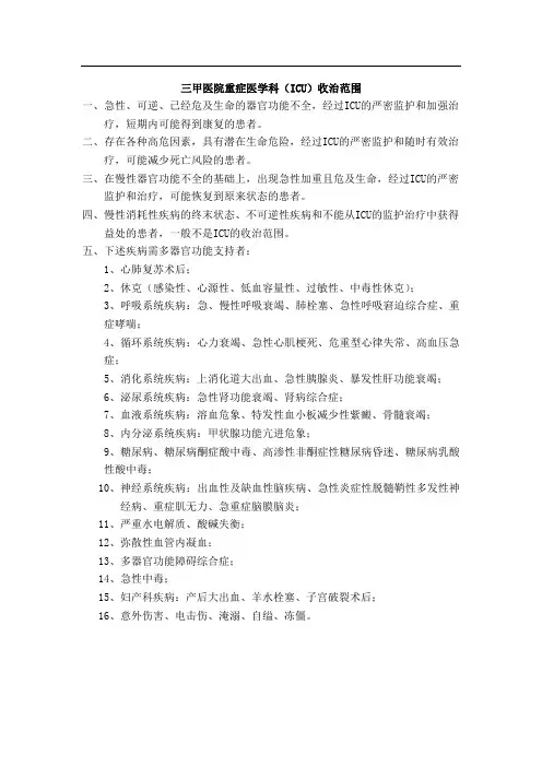 三甲医院重症医学科(ICU)收治范围