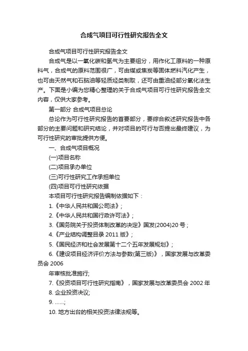 合成气项目可行性研究报告全文