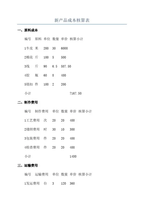 新产品成本核算表