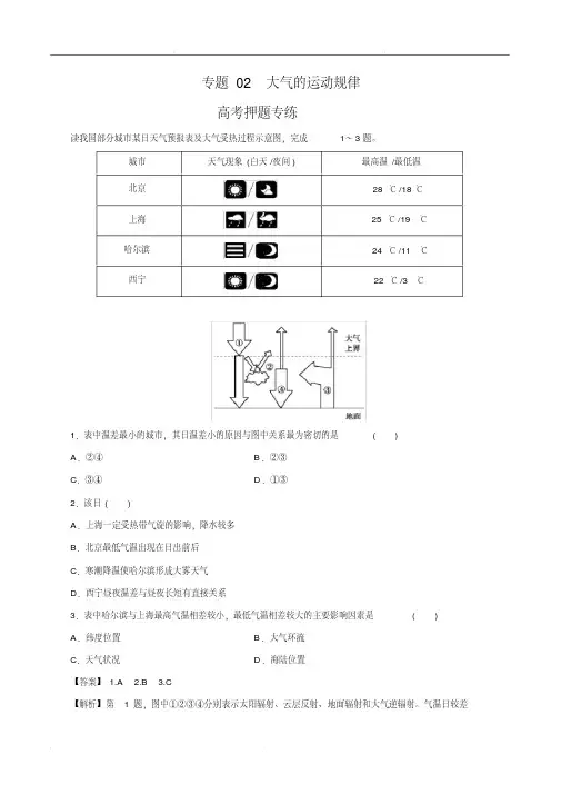2020年高考地理二轮复习考点学与练专题02大气的运动规律(高考押题)(含解析)