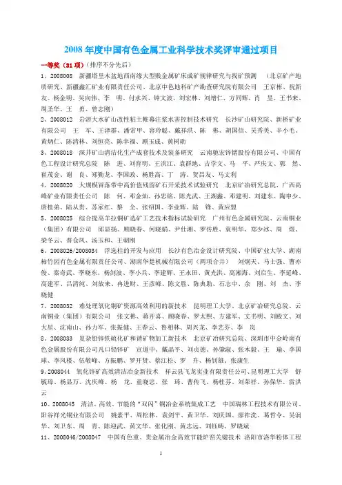 2008年度中国有色金属工业科学技术奖评审通过项目