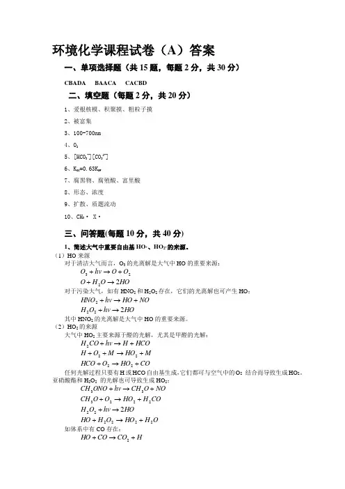环境化学试卷(A)答案