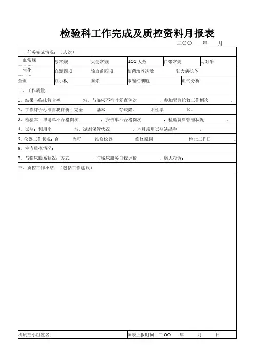 检验科工作完成及质控月报表