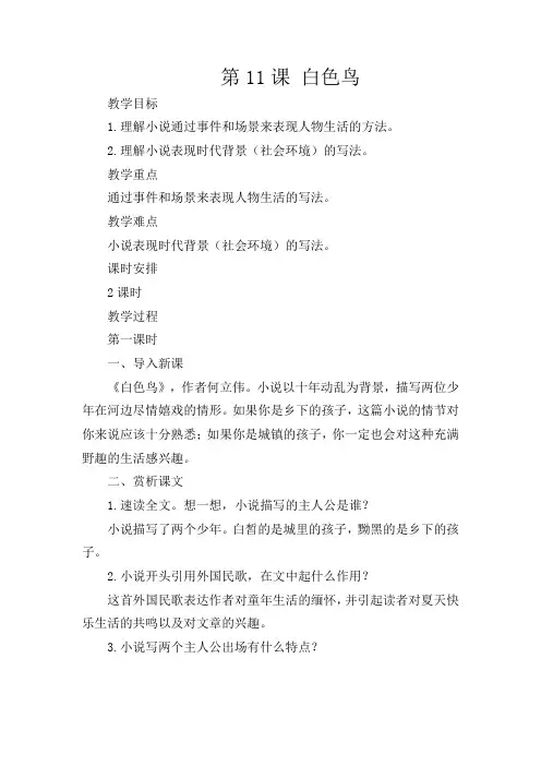 初中语文七年级上册《11白色鸟》word教案 (2)